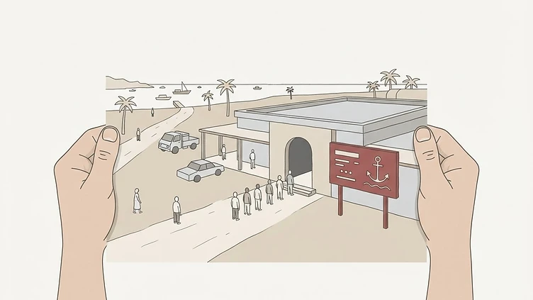 The maritime registry office sign and administrative entrance of the Mohéli port authority in Mohéli drawn as an editorial illustration
