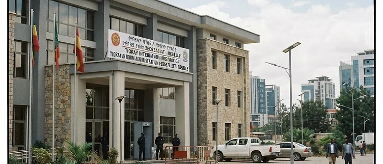 The official signage and security gates of the Tigray Interim Administration secretariat building in Mekelle, Ethiopia, viewed from the quiet administrative plaza.