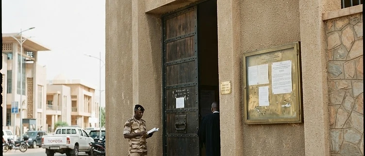 The imposing entrance to the Mopti Regional Military Tribunal featuring its official judicial crest and heavy doors in the city of Mopti, Mali.