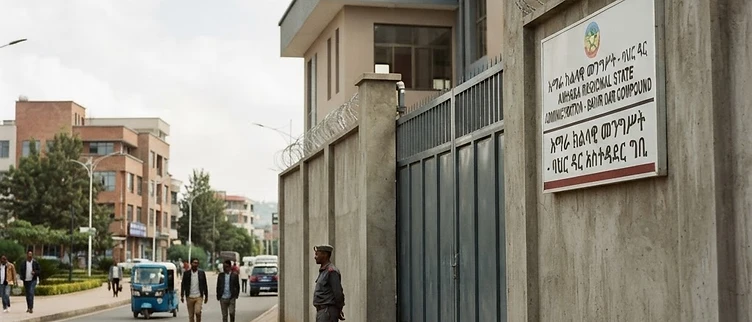 The imposing steel gate and high perimeter wall of a regional administrative compound in Bahir Dar, Amhara Region, Ethiopia.