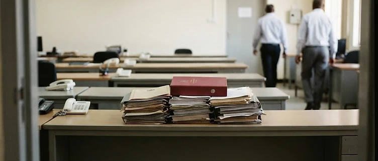 A series of empty desks arranged in a provincial government office in Ndola are topped with official documents detailing security operations and administrative logs.