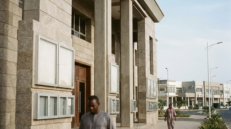 The imposing entrance of the Touba Municipal Council building stands under a bright sky with empty information boards displayed on its facade.