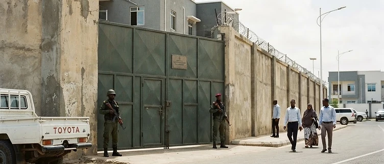 The fortified main gateway and security compound walls of the regional state administration secretariat in Kismayo, Somalia.