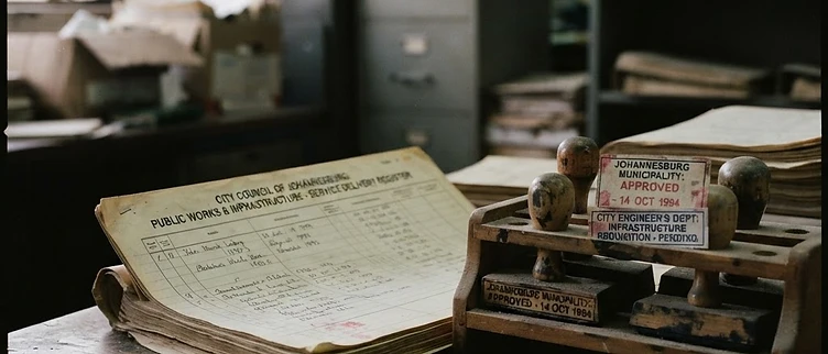 An abandoned public works ledger lies open next to a collection of municipal service stamps on an administrative desk inside the Johannesburg Metropolitan Council office.
