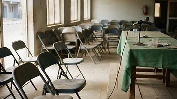 An empty community hall in Owerri with rows of vacant chairs and a silent podium, reflecting the lack of grassroots organizational infrastructure for a national campaign.