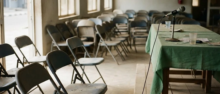 An empty community hall in Owerri with rows of vacant chairs and a silent podium, reflecting the lack of grassroots organizational infrastructure for a national campaign.