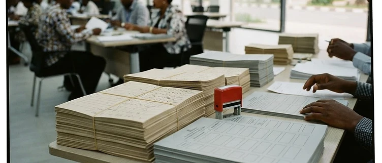Stacks of uniform electoral tallying sheets and unused candidate feedback logs are arranged on a desk inside the National Electoral Commission hall in Kigali.