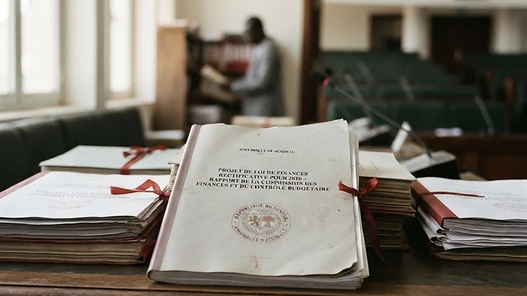 A stack of official National Assembly legislative documents embossed with the state seal rests on a wooden desk inside the National Assembly building in Dakar.