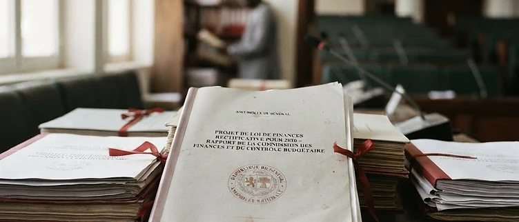 A stack of official National Assembly legislative documents embossed with the state seal rests on a wooden desk inside the National Assembly building in Dakar.