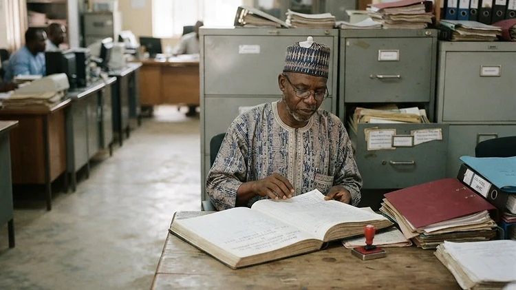 Rows of administrative filing cabinets and membership registration files sit inside a local government office in Yola, Adamawa State.
