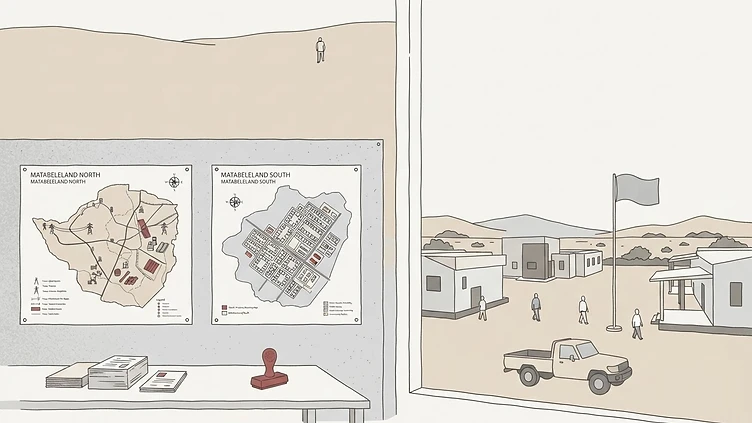 two contrasting development planning maps pinned side-by-side in a provincial secretariat office, one detailing heavy infrastructure for Matabeleland North and the other urban housing layouts for Matabeleland South in Matabeleland North and Matabeleland South Provinces drawn as an editorial illustra