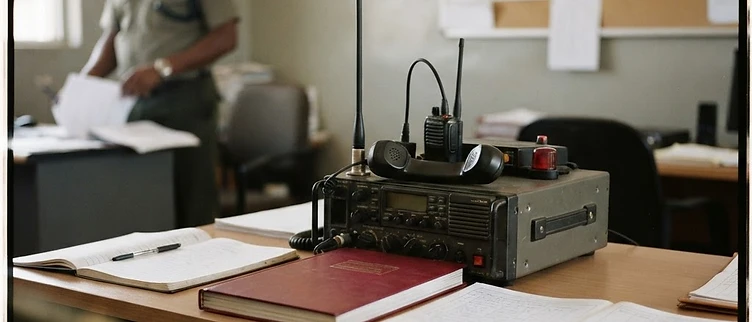 The secure communications console and official security registers sit on a desk inside the provincial security coordination headquarters in Pemba.