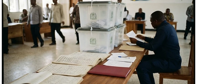 Stack of electoral ballot boxes and candidate registration ledgers in the quiet district tallying hall at the Chamwino District Council in Dodoma.