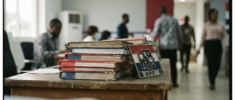 Official NPP party ledgers and the regional party emblem are displayed on a wooden desk inside the party's regional headquarters in Kumasi.