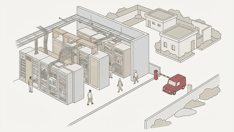 A modern digital server rack and fiber optic networking equipment inside the administrative data center of the Grand-Bassam Regional Trade Authority in Grand-Bassam drawn as an editorial illustration