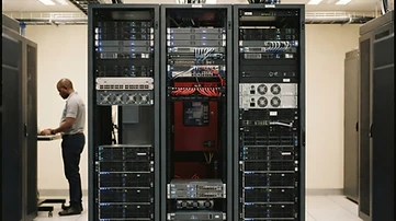 The illuminated server racks and data-processing equipment located inside the parliamentary network facility in Gaborone, Botswana.