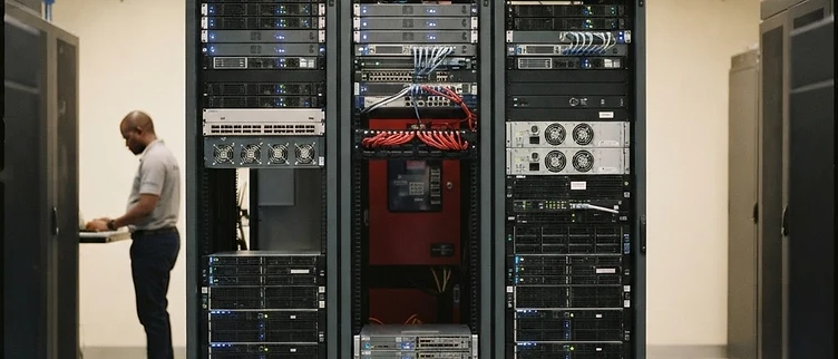 The illuminated server racks and data-processing equipment located inside the parliamentary network facility in Gaborone, Botswana.