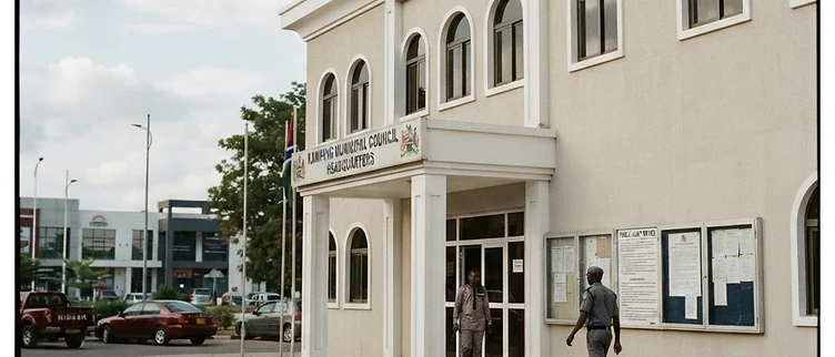 The facade of the Kanifing Municipal Council building in The Gambia, showing the official entrance and the static audit notice board.
