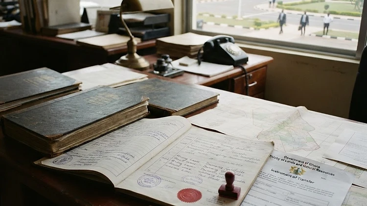 Official mining lease records and state transfer documents sit on a desk at the Western Regional Coordinating Council office in Sekondi-Takoradi.