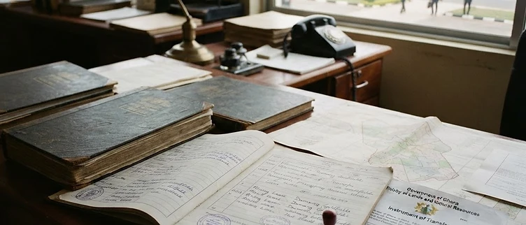 Official mining lease records and state transfer documents sit on a desk at the Western Regional Coordinating Council office in Sekondi-Takoradi.