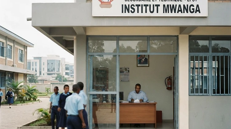 The entrance to a state secondary school building in Goma, North Kivu, features official government signage and a formal administrative facade.