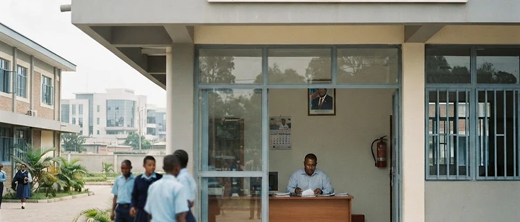 The entrance to a state secondary school building in Goma, North Kivu, features official government signage and a formal administrative facade.