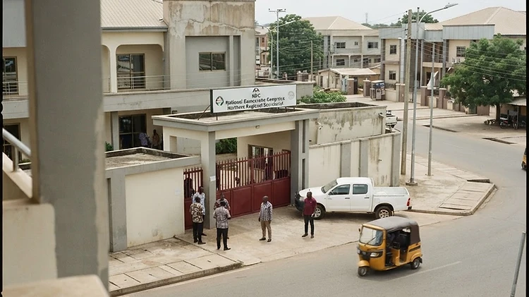 The official entrance to the NDC regional party headquarters in Tamale, Northern Region, showing the party signage and assembly hall access point.