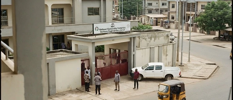 The official entrance to the NDC regional party headquarters in Tamale, Northern Region, showing the party signage and assembly hall access point.
