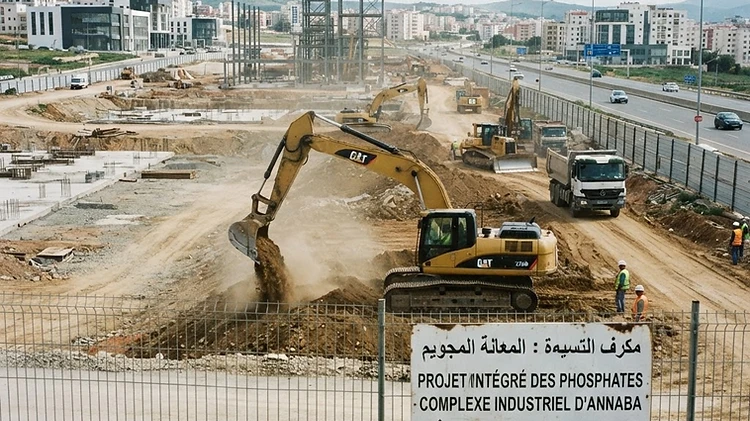 Heavy earthmoving machinery operates at an industrial phosphate project construction site near Annaba, Algeria.