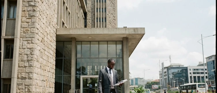 The imposing stone facade and main entrance of the Bank of Uganda headquarters building in Kampala seen from a low perspective.
