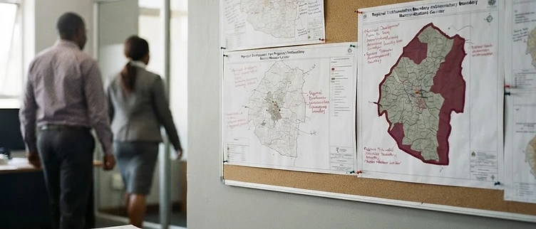 Detailed municipal development maps and administrative boundary documents displayed on a planning board at the Ministry of Housing and Urban Development in Mbabane.
