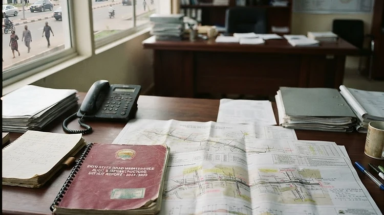 Detailed civil engineering blueprints and infrastructure audit documents are arranged on a desk inside the Ekiti State Ministry of Works in Ado Ekiti.