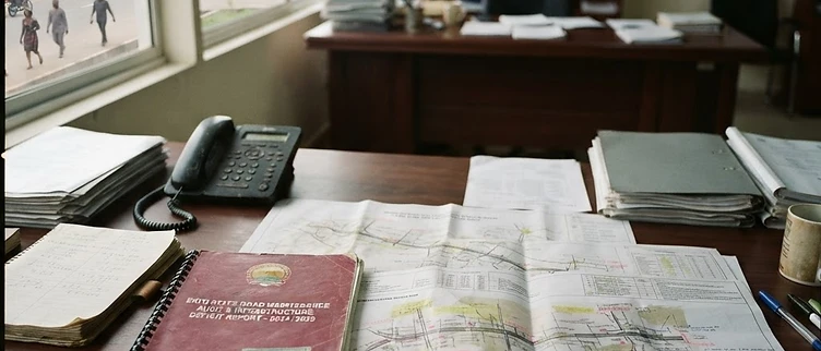 Detailed civil engineering blueprints and infrastructure audit documents are arranged on a desk inside the Ekiti State Ministry of Works in Ado Ekiti.