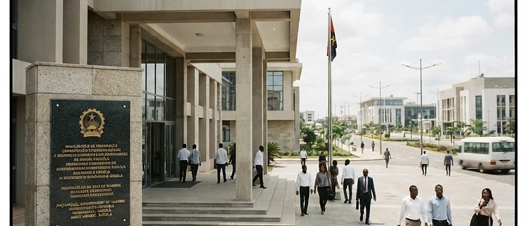 The main entrance and signage of the Provincial Government of Huambo administrative building in Huambo, Angola.
