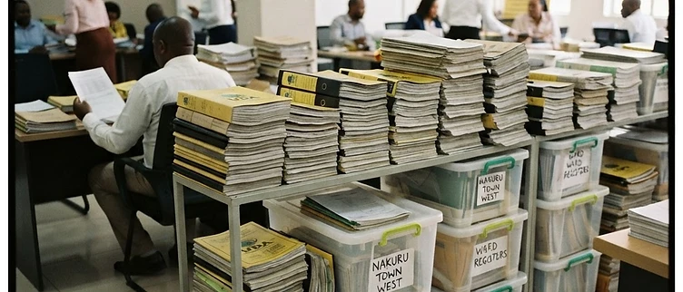 Rows of recruitment ledgers and party registration bins are stacked neatly on shelves inside the United Democratic Alliance branch office in Nakuru, Kenya.