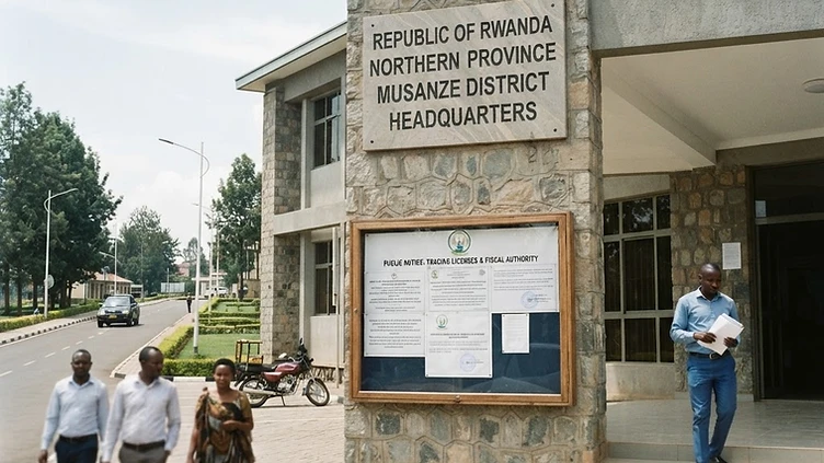 The stone-carved entrance plaque and administrative tax notice board displayed on the wall of the Musanze District government headquarters in Rwanda.