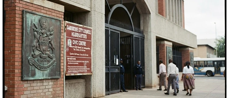 The formal entrance and bronze crest of the Gaborone City Council building in the capital city of Botswana
