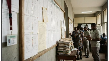 Official election registration ledgers and public notice boards stand inside the INEC headquarters in Akure.
