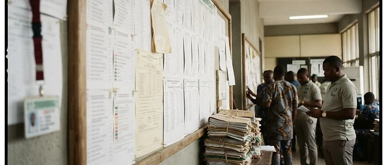 Official election registration ledgers and public notice boards stand inside the INEC headquarters in Akure.