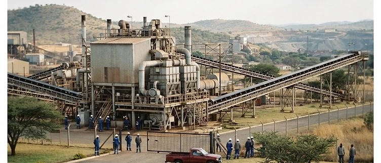 Industrial mineral processing machinery and conveyor belts stand at a mining facility near Kwekwe in Zimbabwe's Midlands Province.