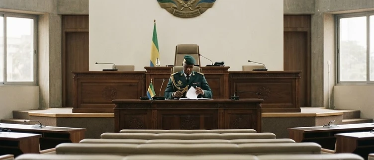 The formal speaker's dais and military-sanctioned insignia mounted on the wall inside the National Assembly in Libreville.