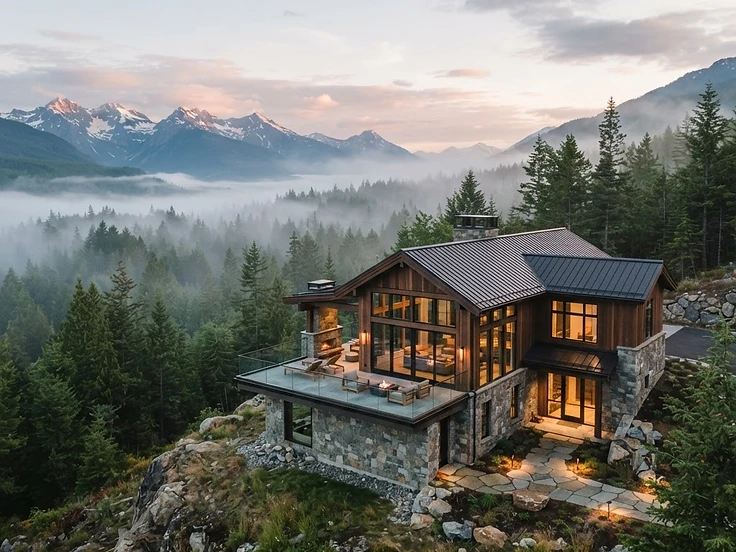 A tranquil luxury mountain lodge at dawn