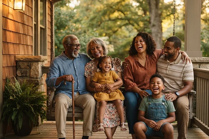 A joyful African American multi-generational family — grandparents, parents, and children — gathered on the porch of a craftsman home in warm golden-hour light
