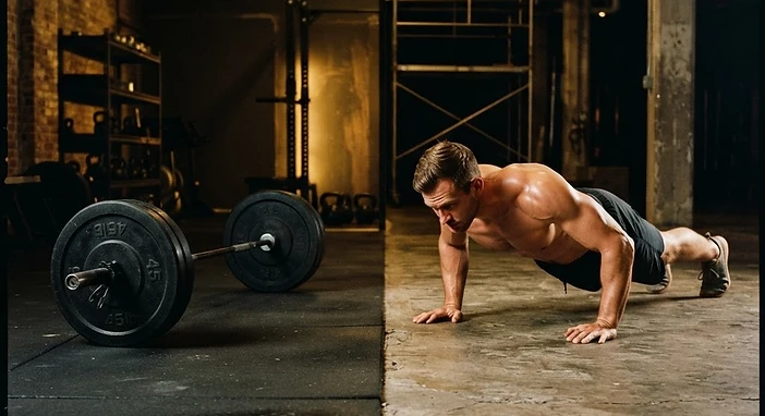 Barbell resting on a dark gym floor beside an athlete holding a push-up position, both lit with warm gold light