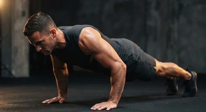 Athlete holding a strict push-up position with a straight body line on a dark floor, lit with warm gold light
