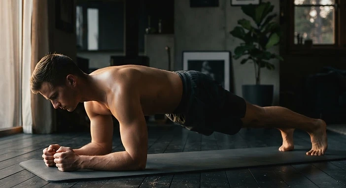 Man holding a forearm plank on a dark floor at home in soft light