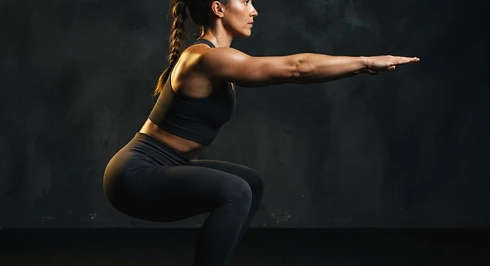 Athletic woman performing a bodyweight squat with good form in a dark studio with warm gold lighting