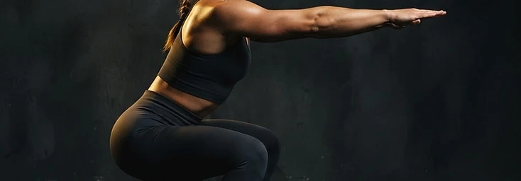 Athletic woman performing a bodyweight squat with good form in a dark studio with warm gold lighting