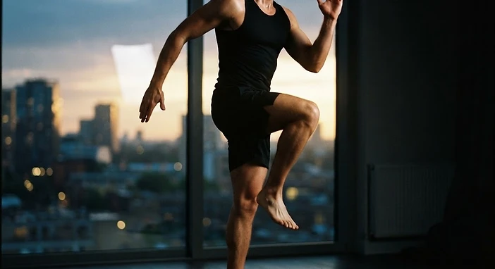 Man running in place with high knees on a dark apartment floor at dawn, early light from a window behind him