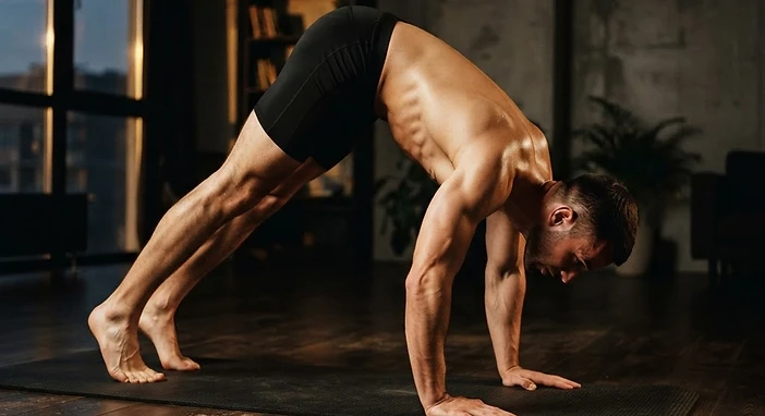 Athletic man performing a pike push-up with hips raised high in a dark apartment